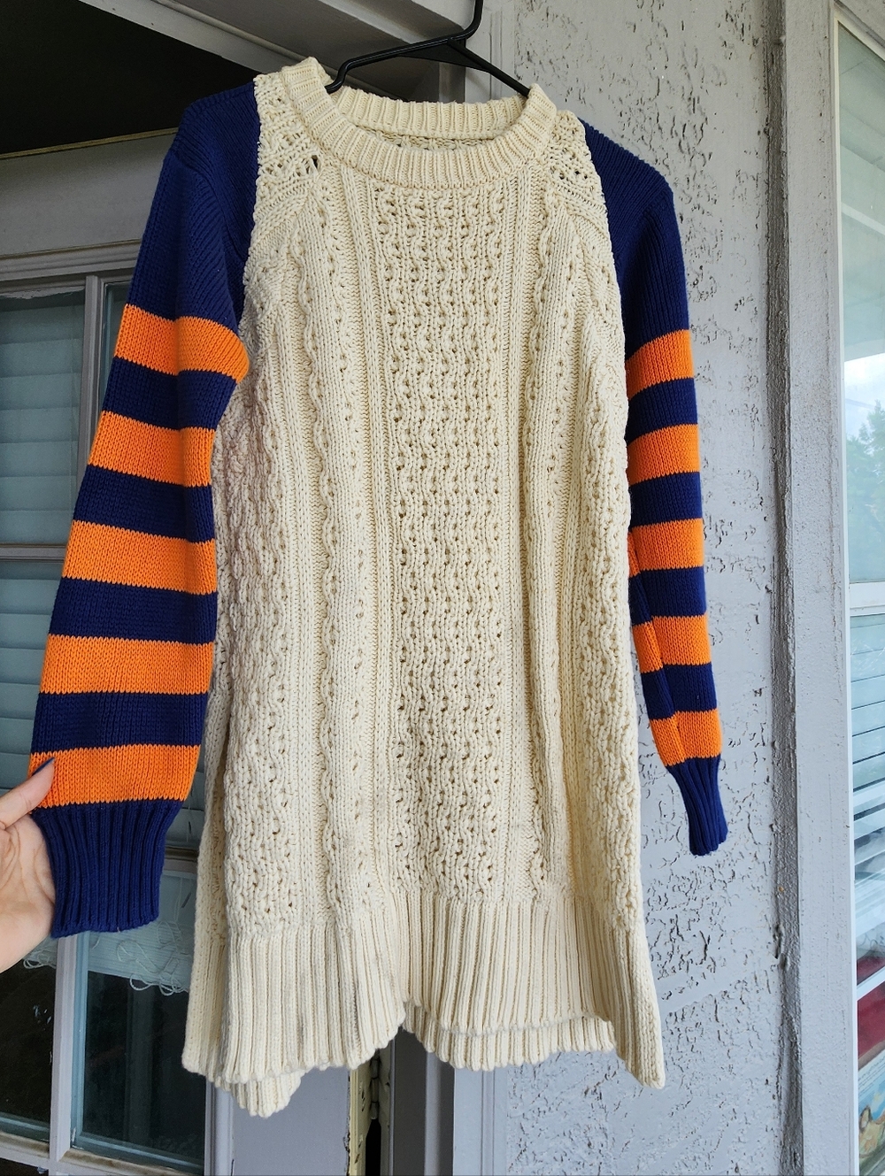 Current Elliott Cream Cable Knit Sweater with Navy & Orange Striped Sleeves B13